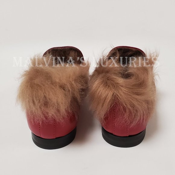GUCCI SHOES JORDAAN HORSEBIT SHEARLING FUR RED LEATHER LOAFERS 37.5 7.5 US - Picture 10 of 16